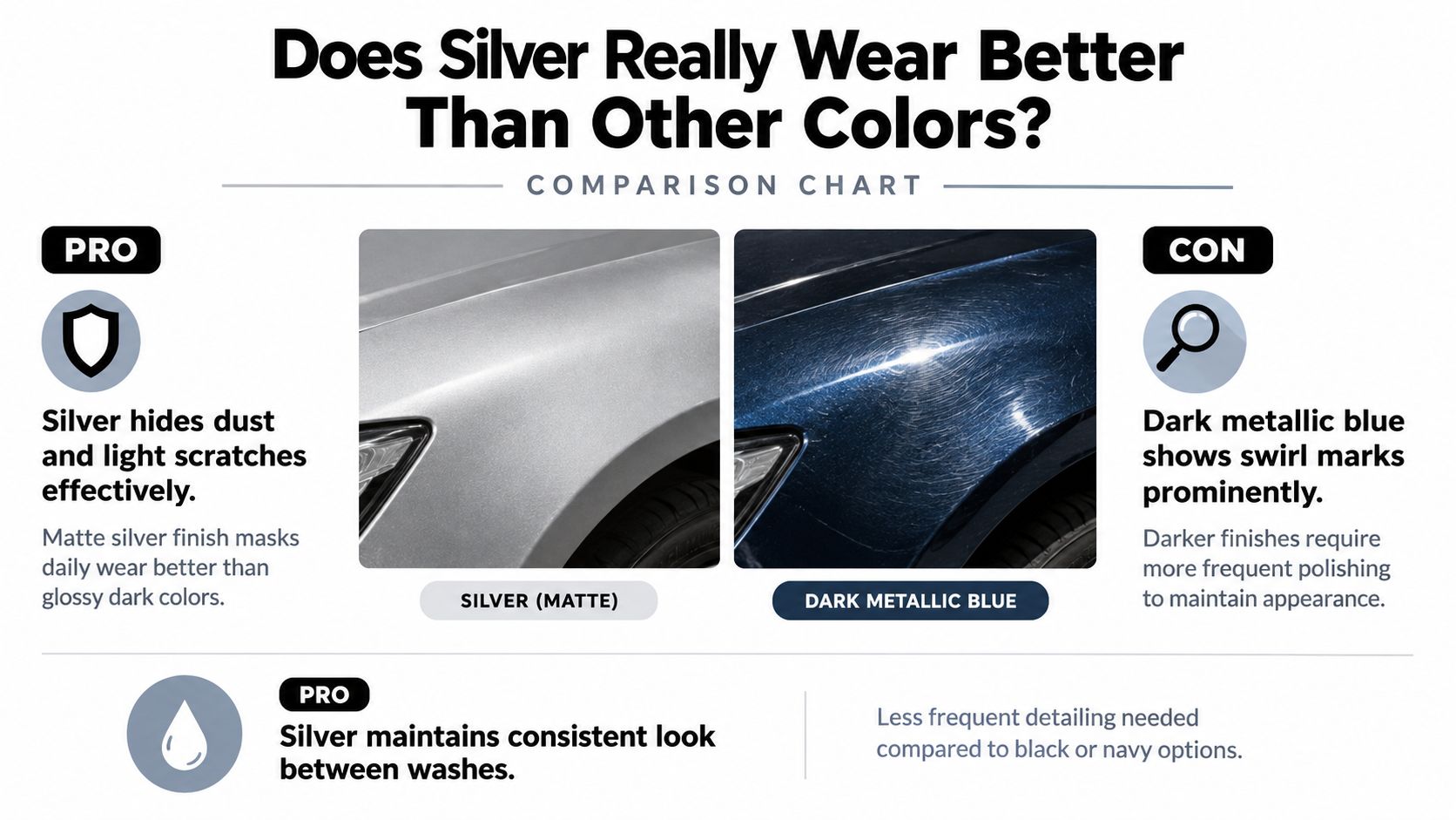 A comparison chart showing how matte silver cars hide dust and scratches better than dark metallic blue.