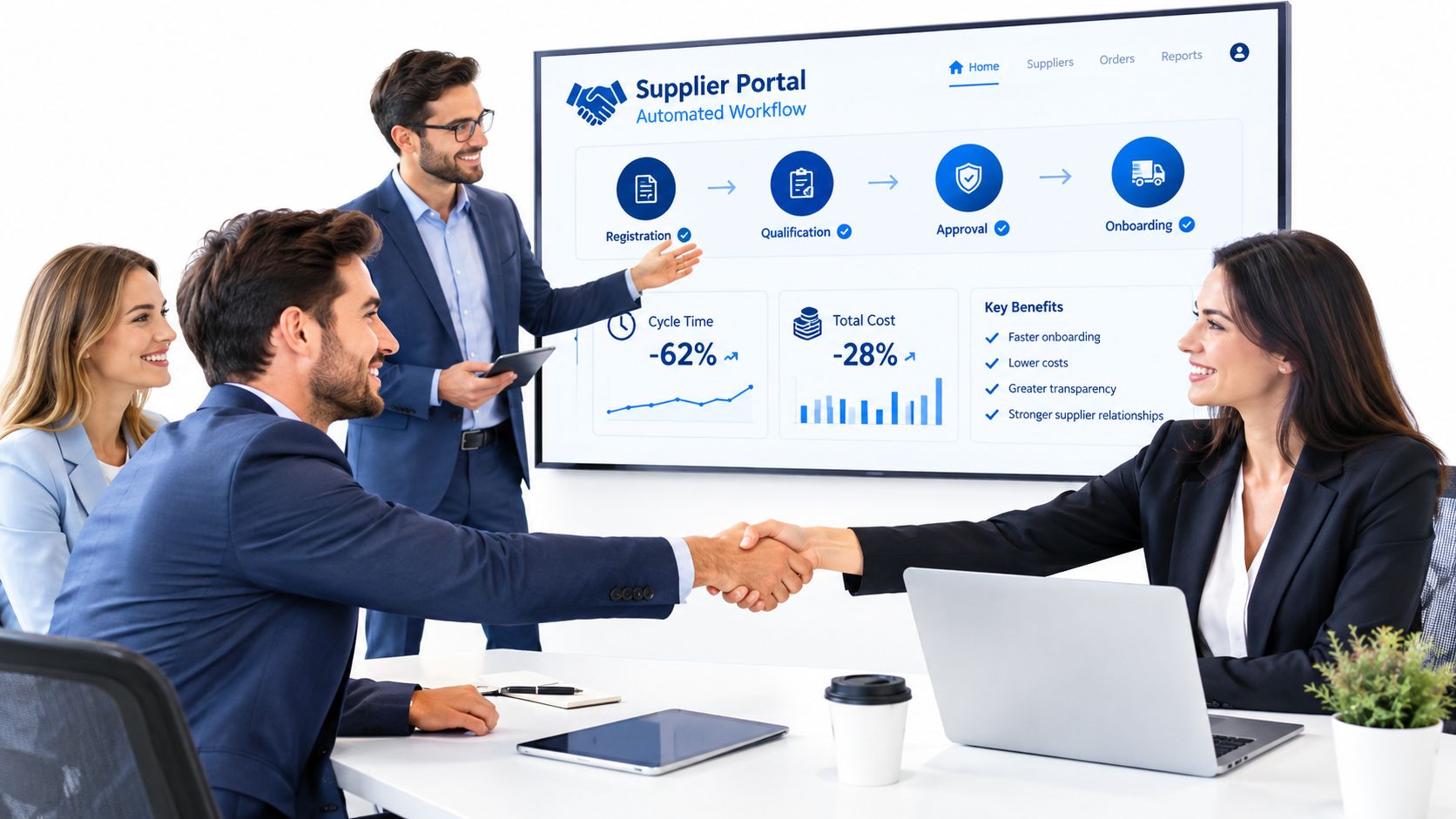 A professional team in a meeting room reviewing a supplier onboarding dashboard on a large digital screen.