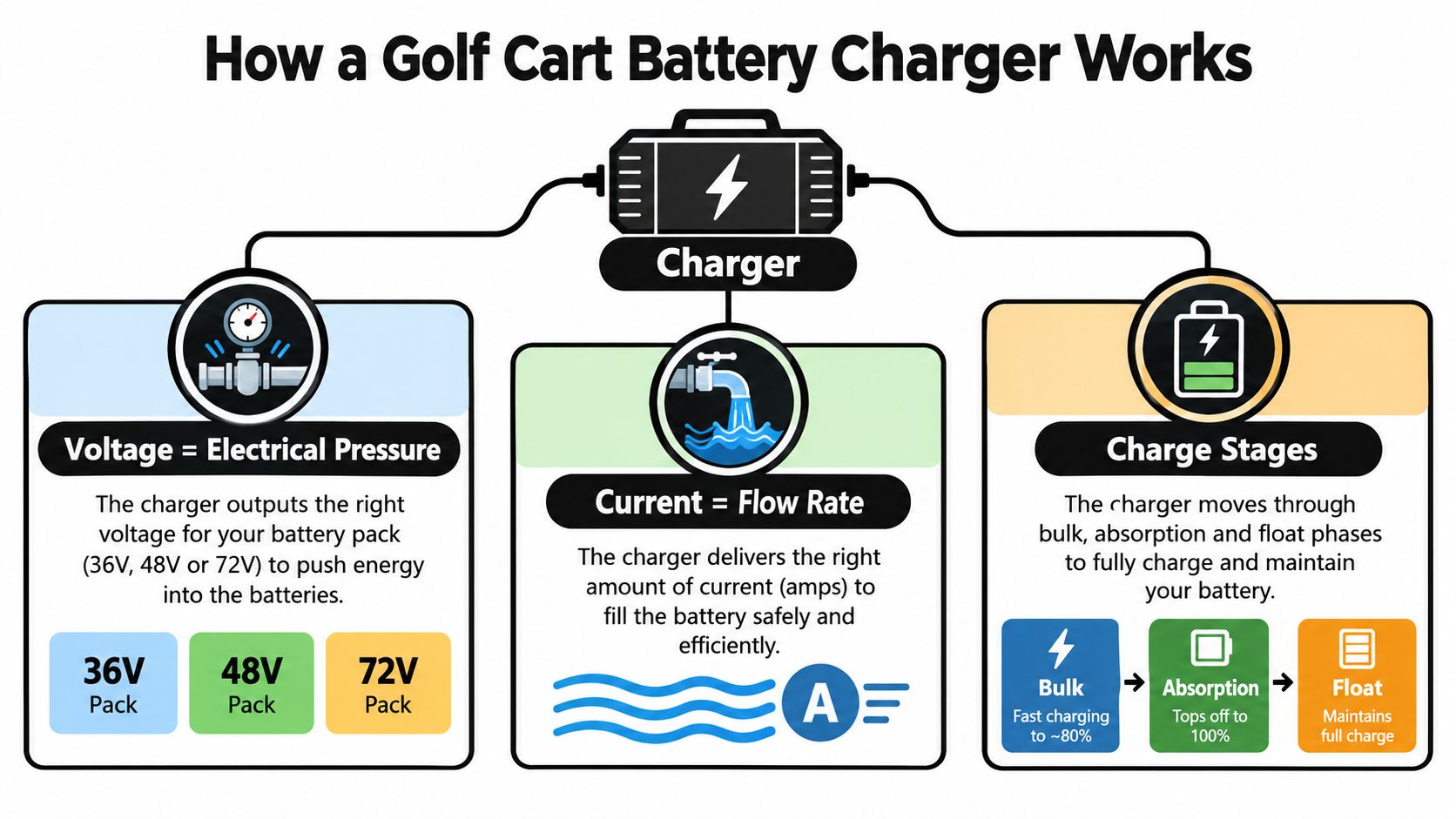 An infographic explaining how a golf cart battery charger works, detailing voltage, current, and charge stages.