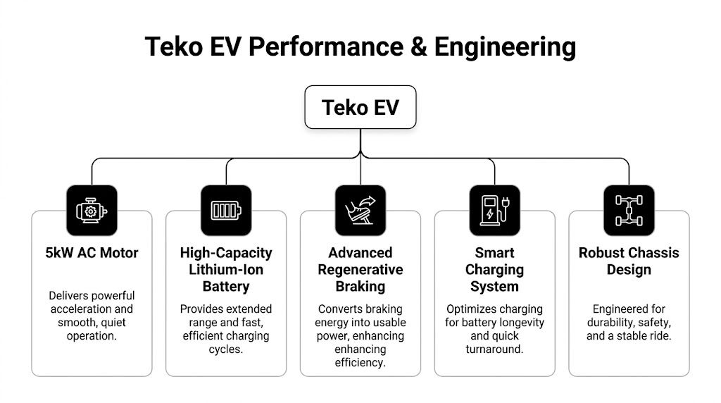 A diagram outlining the performance and engineering features of the Teko EV golf cart system components.