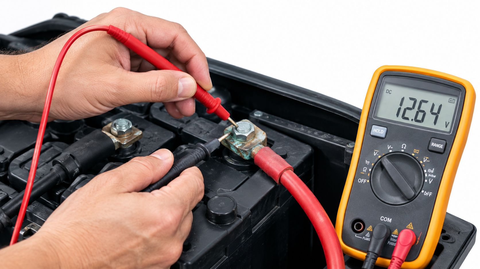 A technician uses a digital multimeter to check the voltage of electric golf cart battery cables.