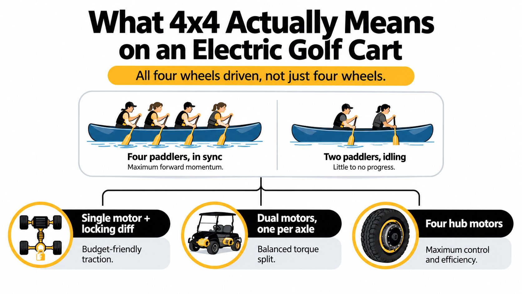 An infographic explaining how 4x4 drive systems work in electric golf carts using canoe paddling metaphors.