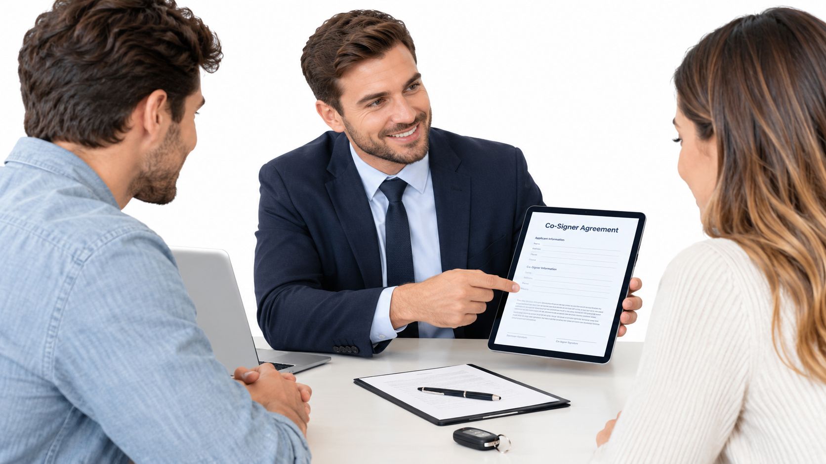 A professional advisor presents a co-signer agreement on a digital tablet to a young couple.