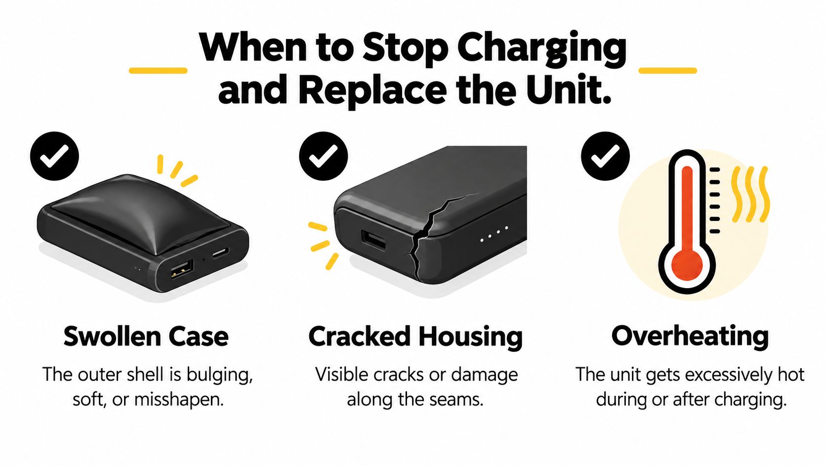 An infographic showing three warning signs that a portable charger or jump starter should be replaced immediately.