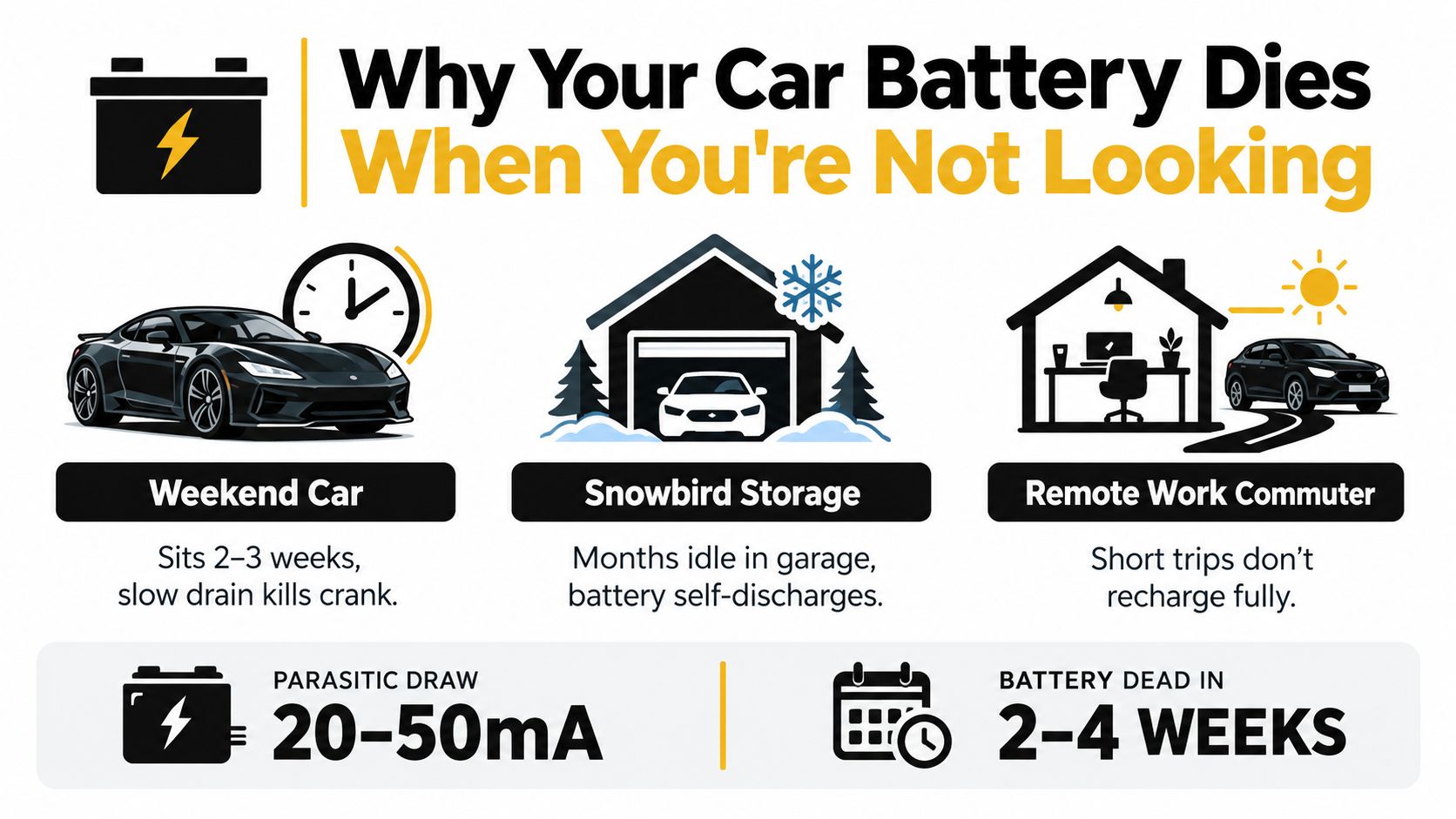 An infographic showing reasons why a car battery dies during long periods of non-use.