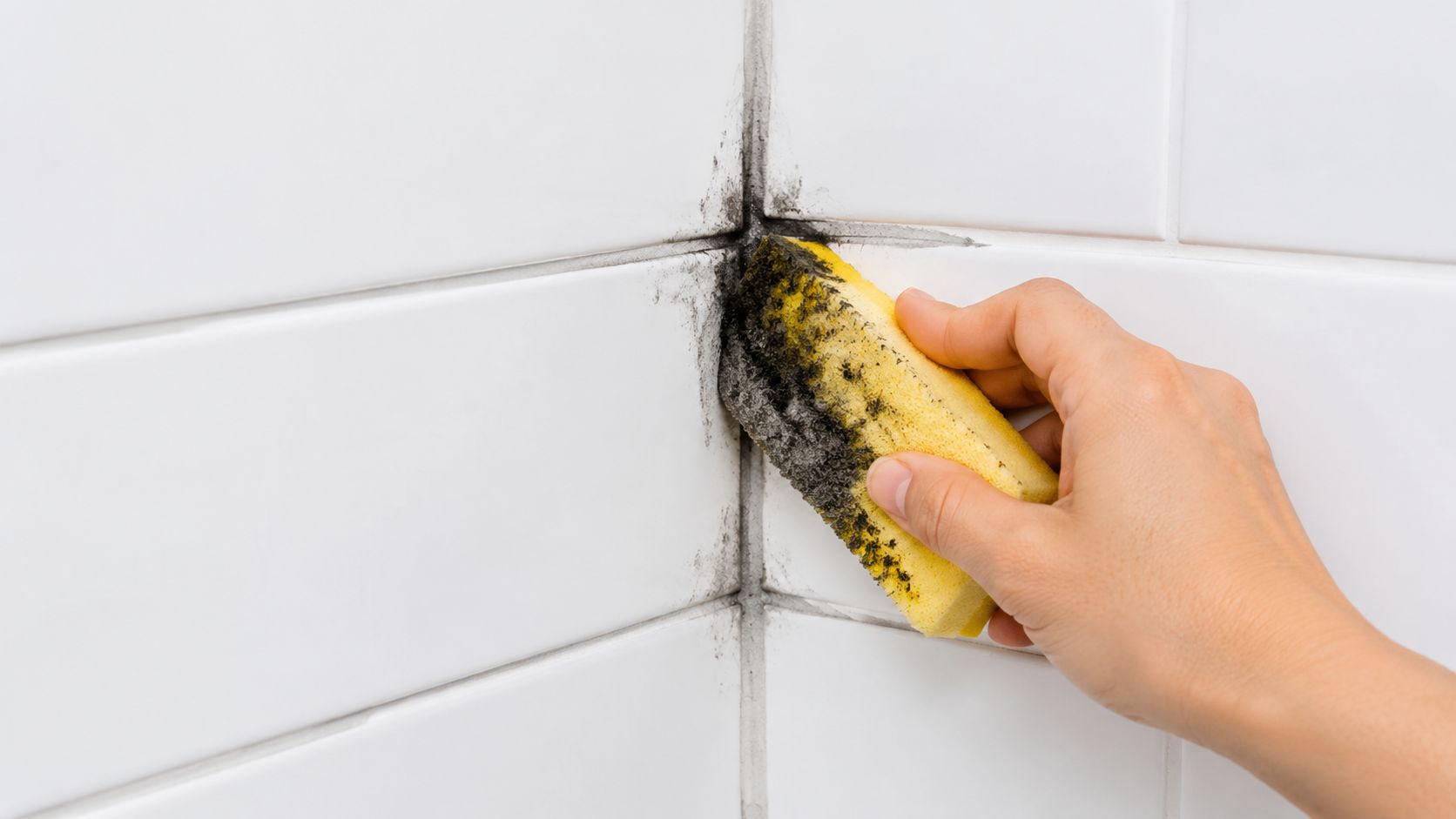 A hand using a yellow scrubbing sponge to clean black mold from a white tiled shower corner.