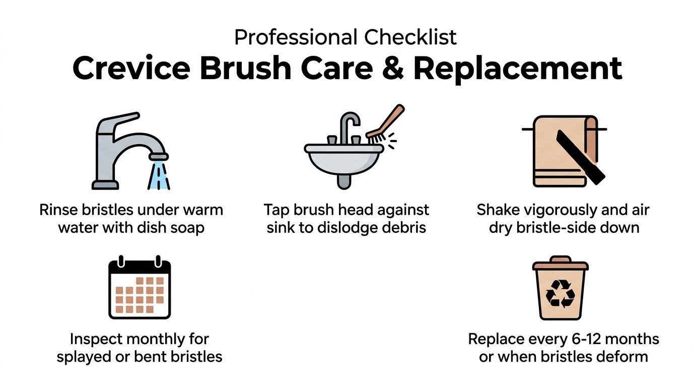 A professional checklist infographic detailing five essential steps for cleaning and maintaining a crevice brush.
