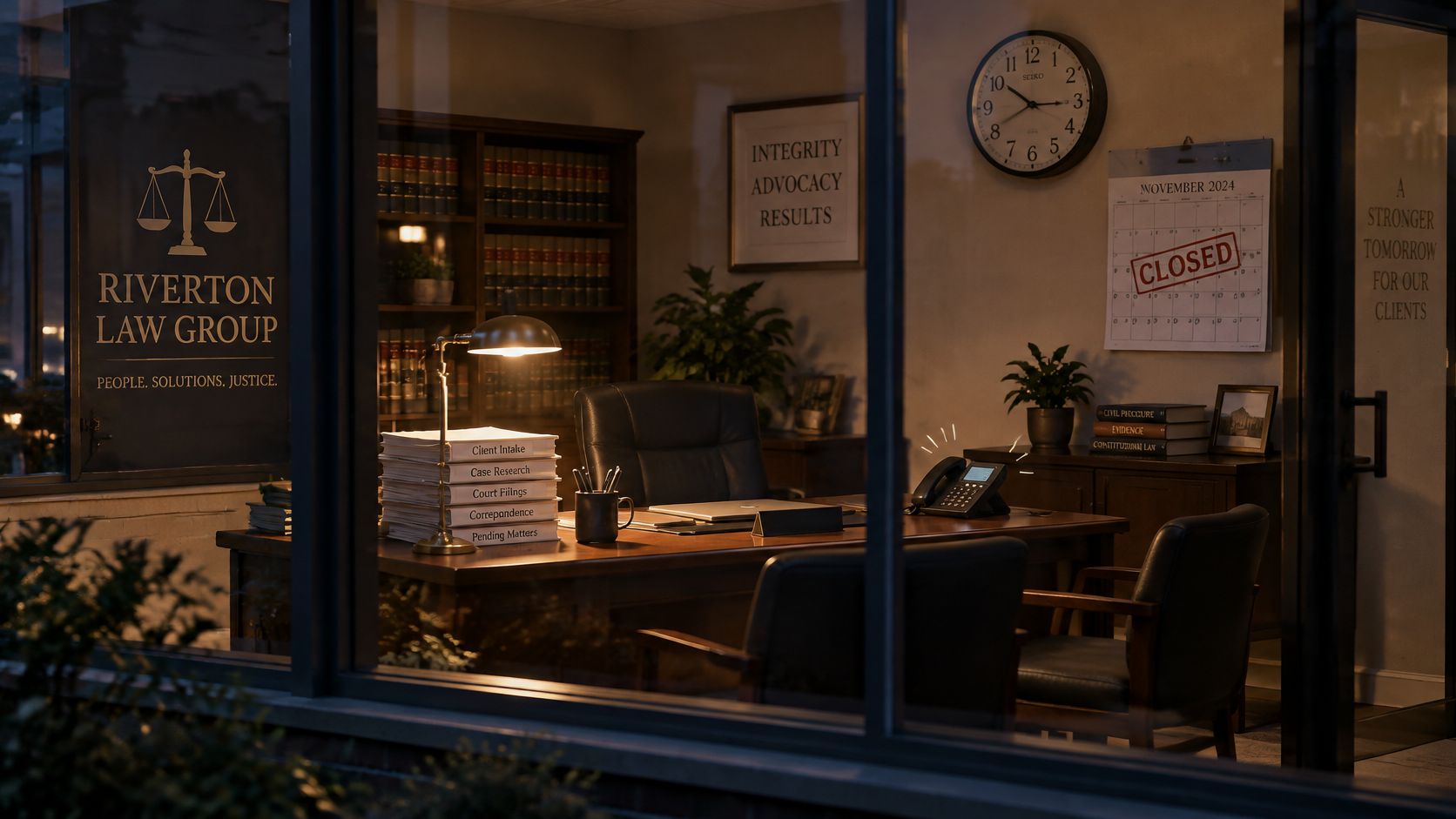 A professional law office at night with a ringing desk phone, bookshelves, and a closed sign.