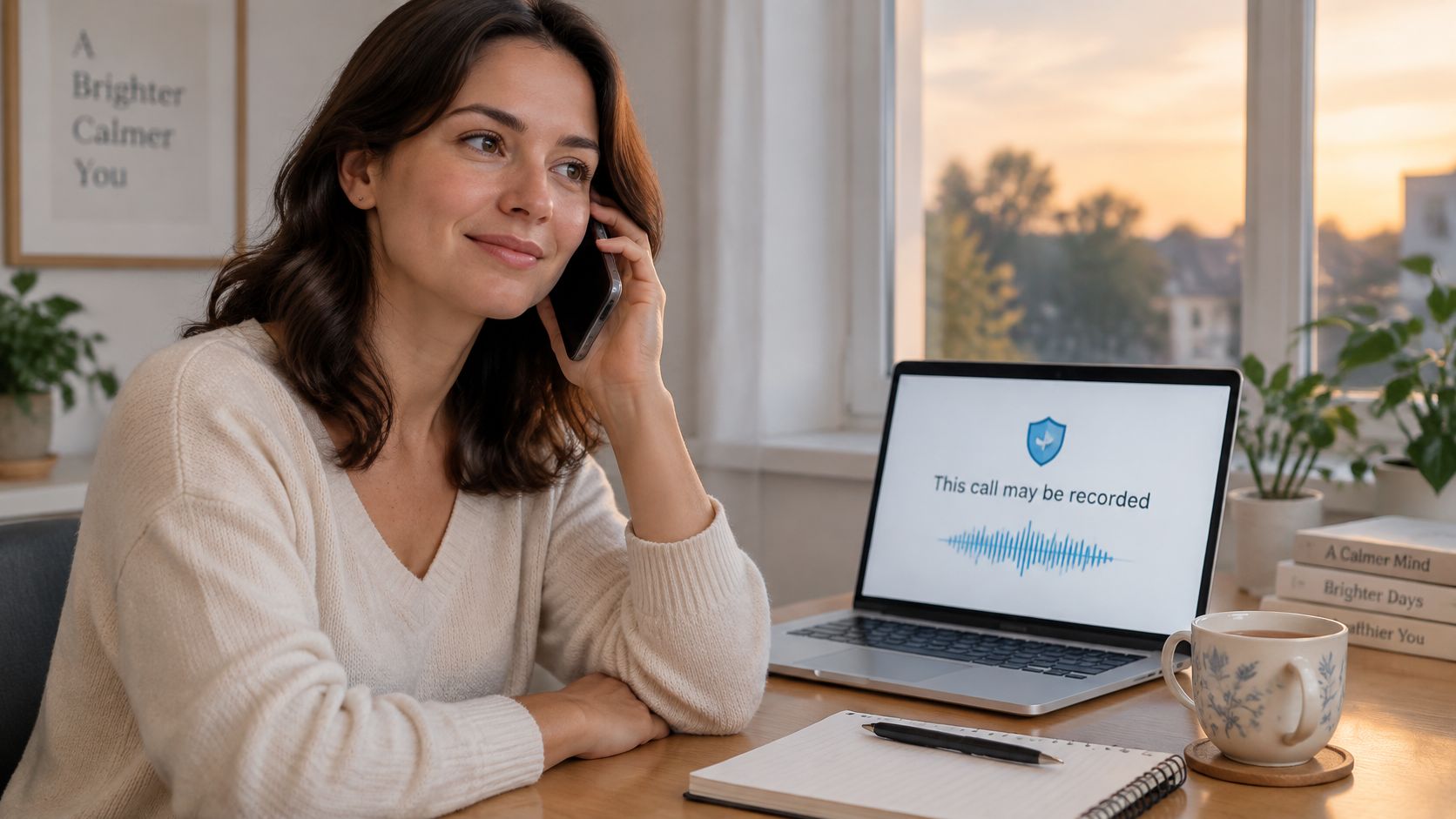 A woman working from home while talking on a phone, with a computer screen showing call recording notice.