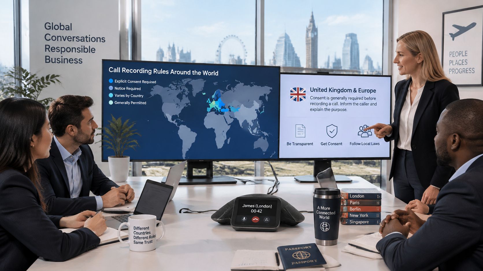 A professional team in a conference room reviewing global call recording legal compliance rules on screens.