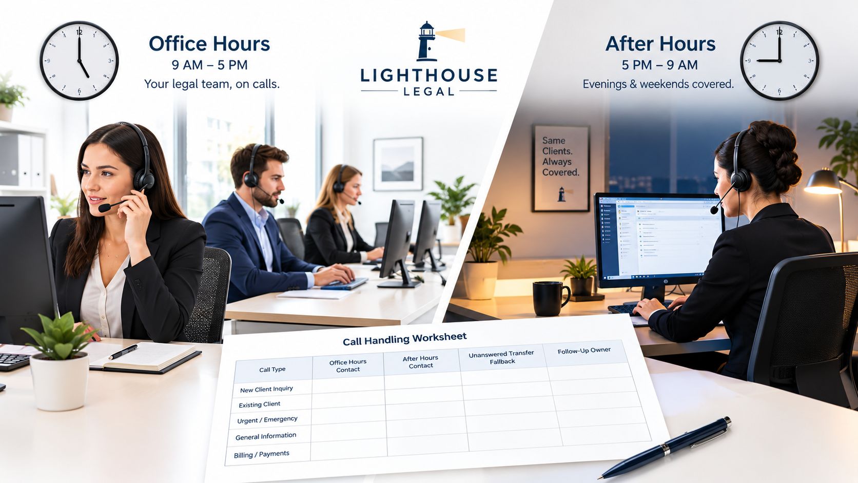Professional customer service representatives handling legal calls in a split office and after-hours work environment.