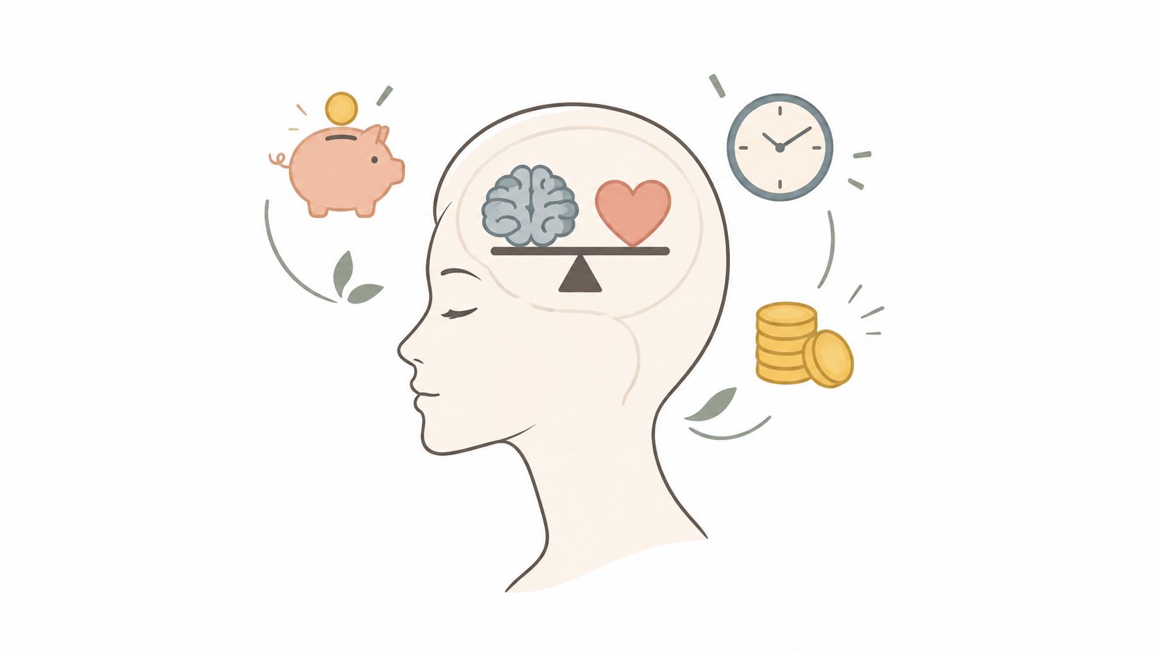 A person side profile silhouette showing a balance between brain and heart with financial and time symbols.
