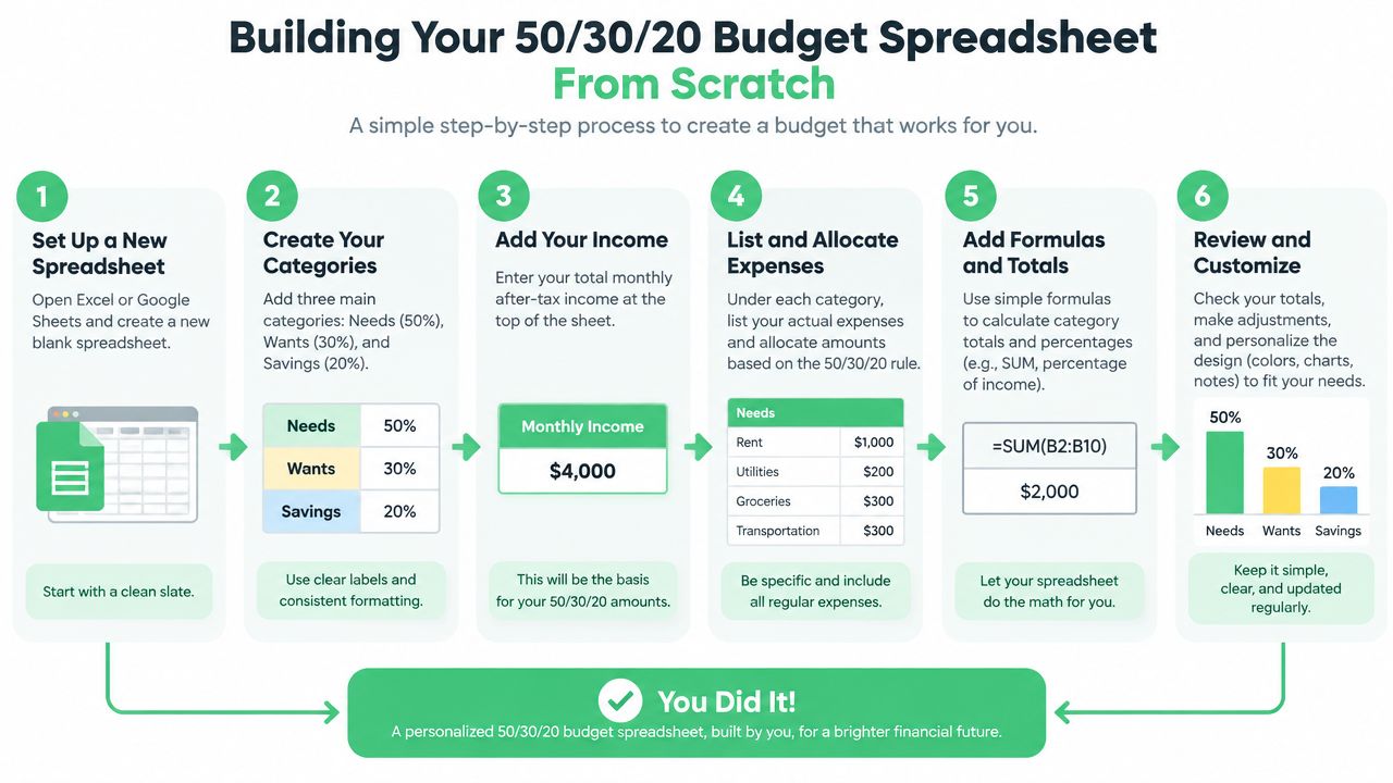 A step-by-step infographic showing how to create a 50/30/20 personal budget spreadsheet from scratch.