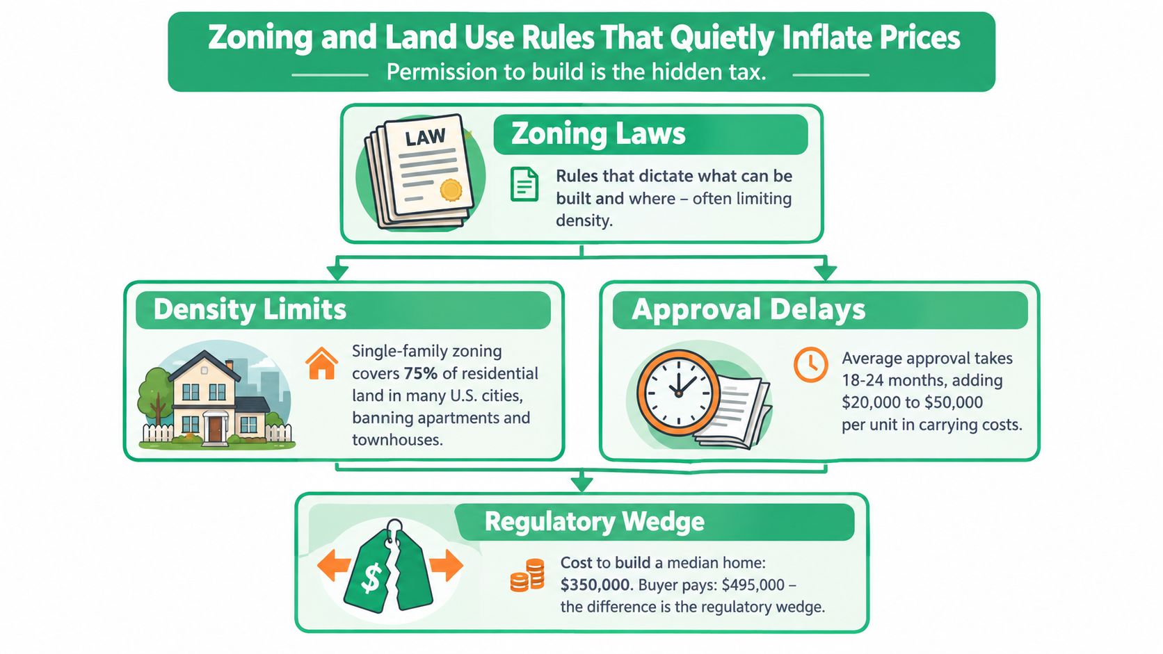 A flowchart explaining how zoning laws and government regulations contribute to higher home construction prices.