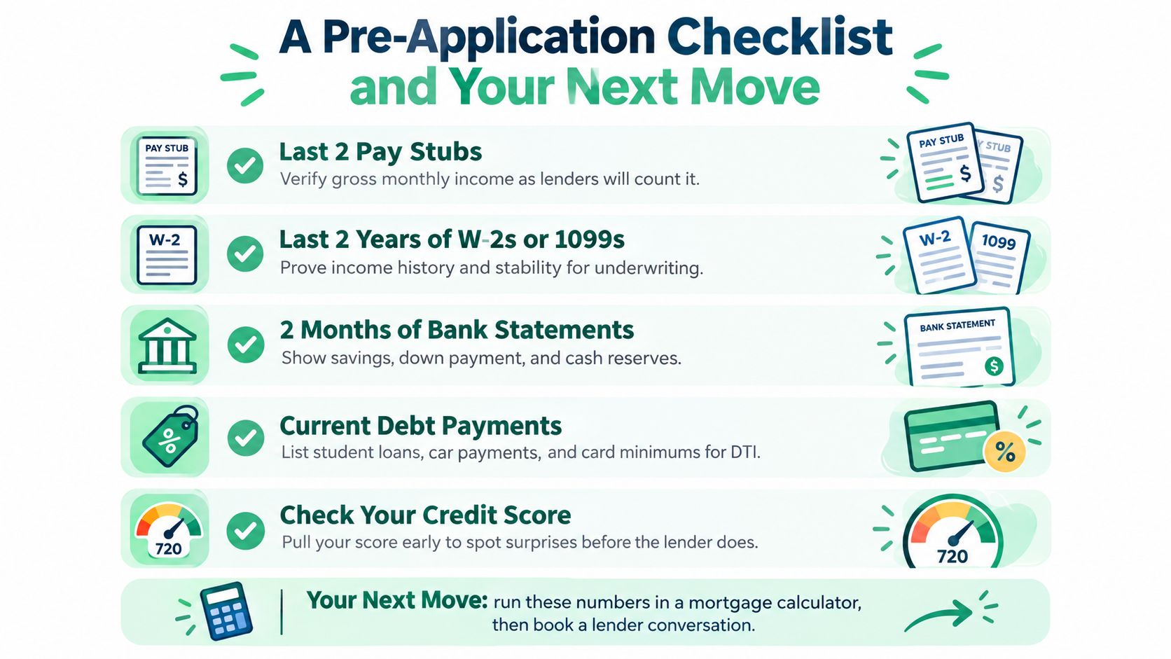 An infographic checklist for mortgage pre-application showing required financial documents like pay stubs, bank statements, and credit scores.
