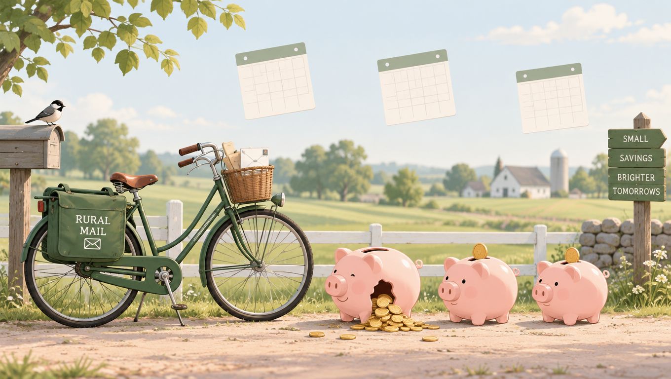 A rustic scene featuring a rural mail bicycle, three piggy banks, and a savings sign outdoors.