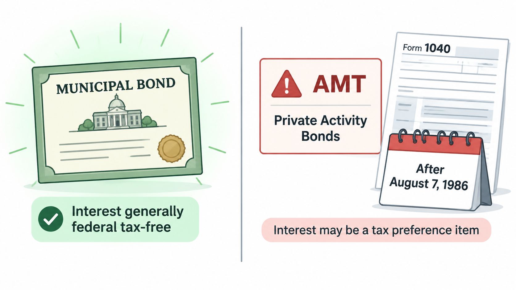 A split graphic showing that municipal bond interest is generally tax-free but subject to AMT for private activity bonds.
