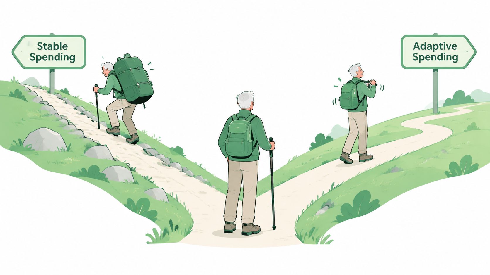An illustration showing a man choosing between two paths labeled Stable Spending and Adaptive Spending.