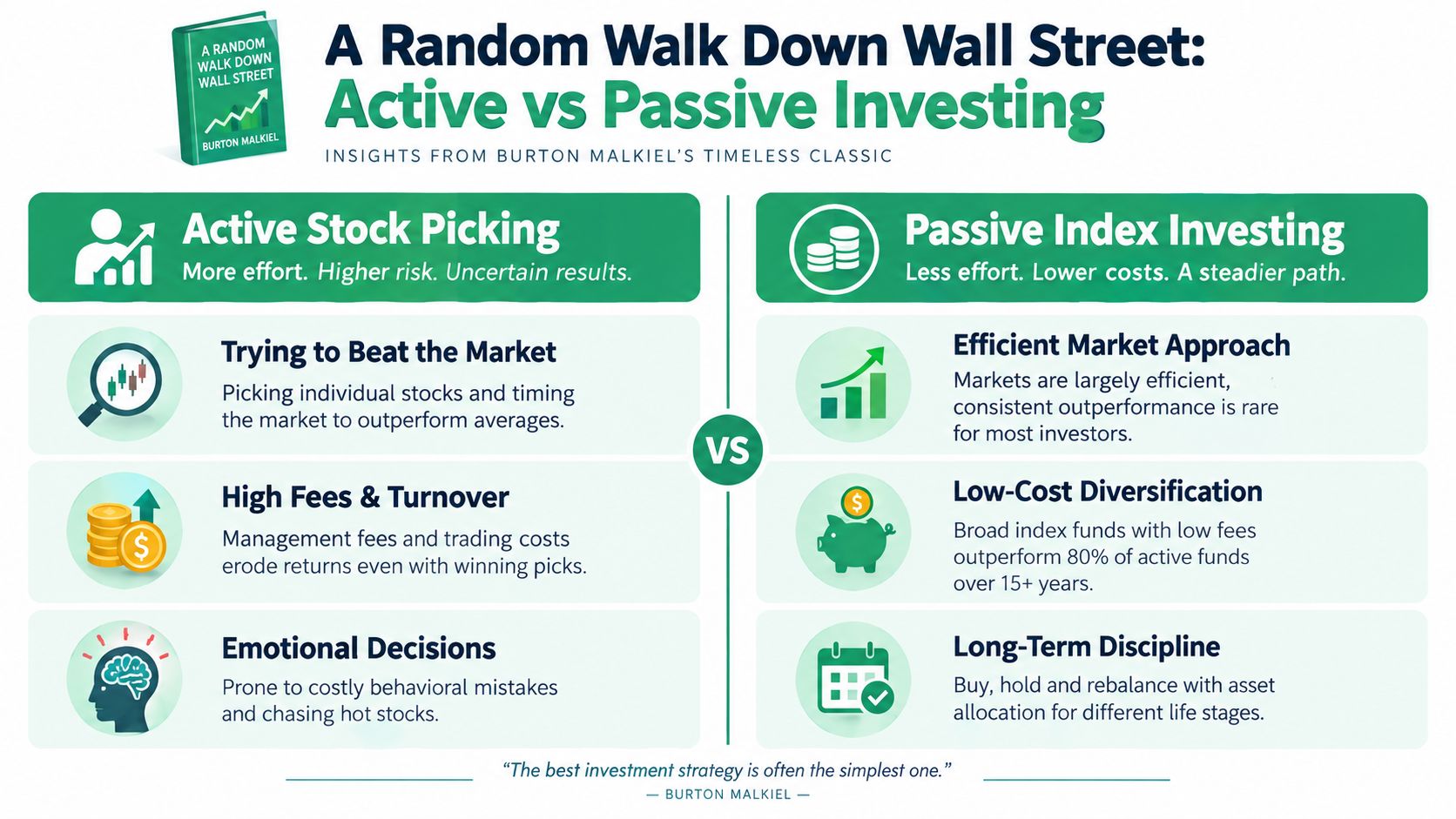 A comparison infographic between active stock picking and passive index investing based on A Random Walk Down Wall Street.