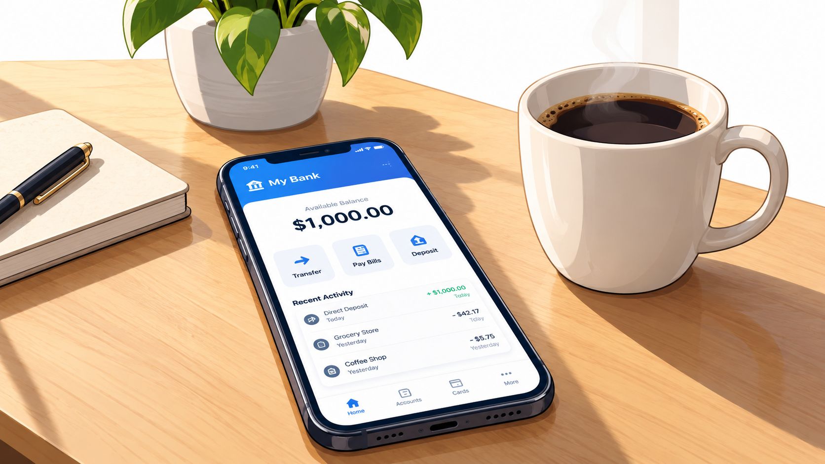 A smartphone showing a banking app with a one thousand dollar balance on a wooden desk.