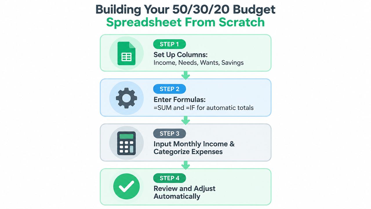A four-step infographic guide on how to build a 50/30/20 budget spreadsheet from scratch.