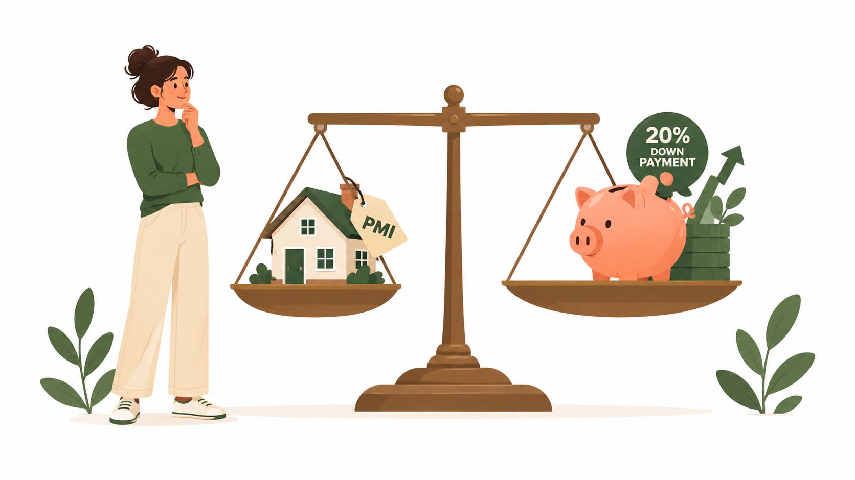 A woman choosing between paying PMI on a house or saving for a 20% down payment.