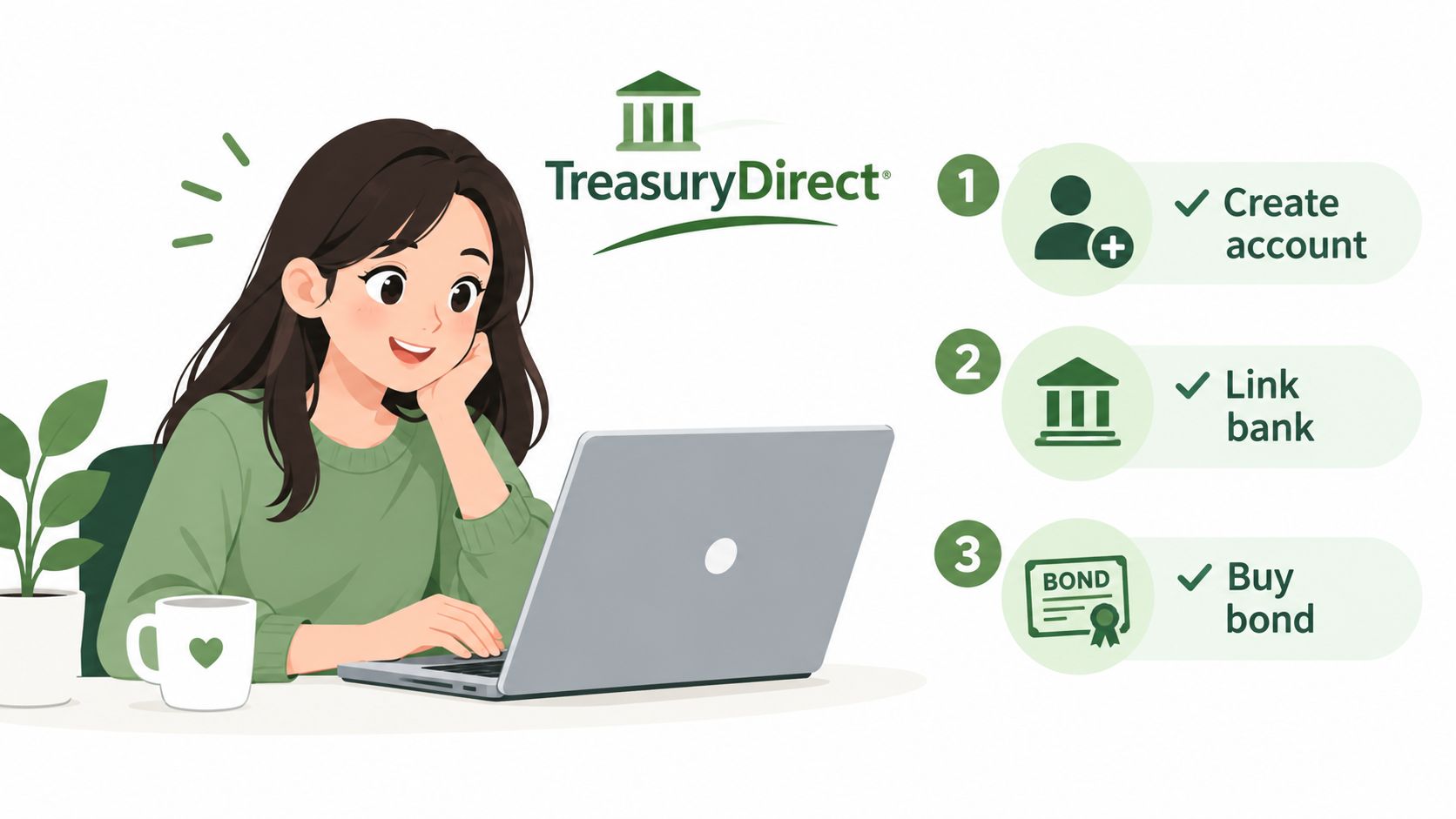 A girl sitting at a desk with a laptop learning how to buy treasury bonds online.