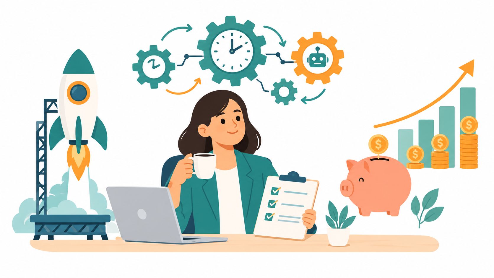 A woman working on a laptop while managing tasks, business growth, and financial savings with technology.