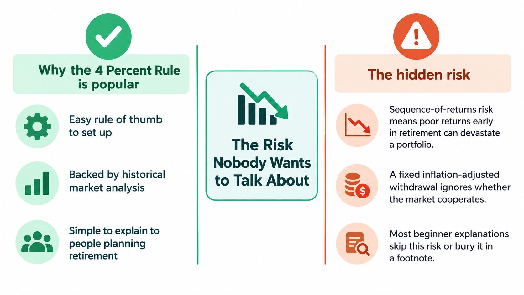 A comparison infographic showing benefits of the 4 percent rule versus the hidden risks involved.