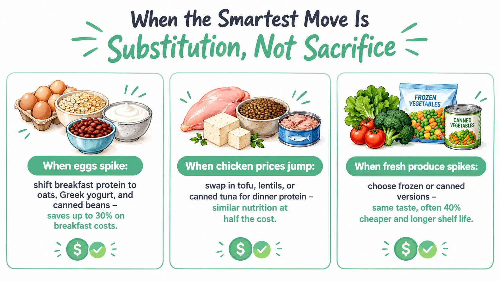 An infographic showing budget-friendly food substitutions for eggs, chicken, and fresh produce to save money.