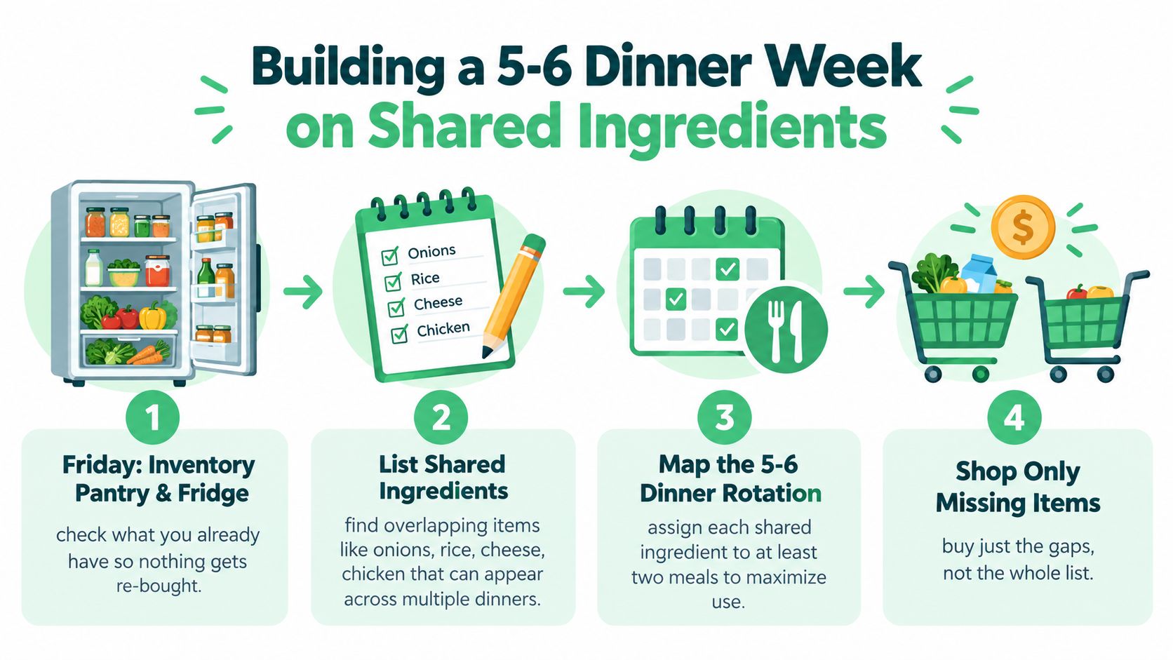 A four-step infographic illustrating how to plan weekly meals using shared ingredients to save money.