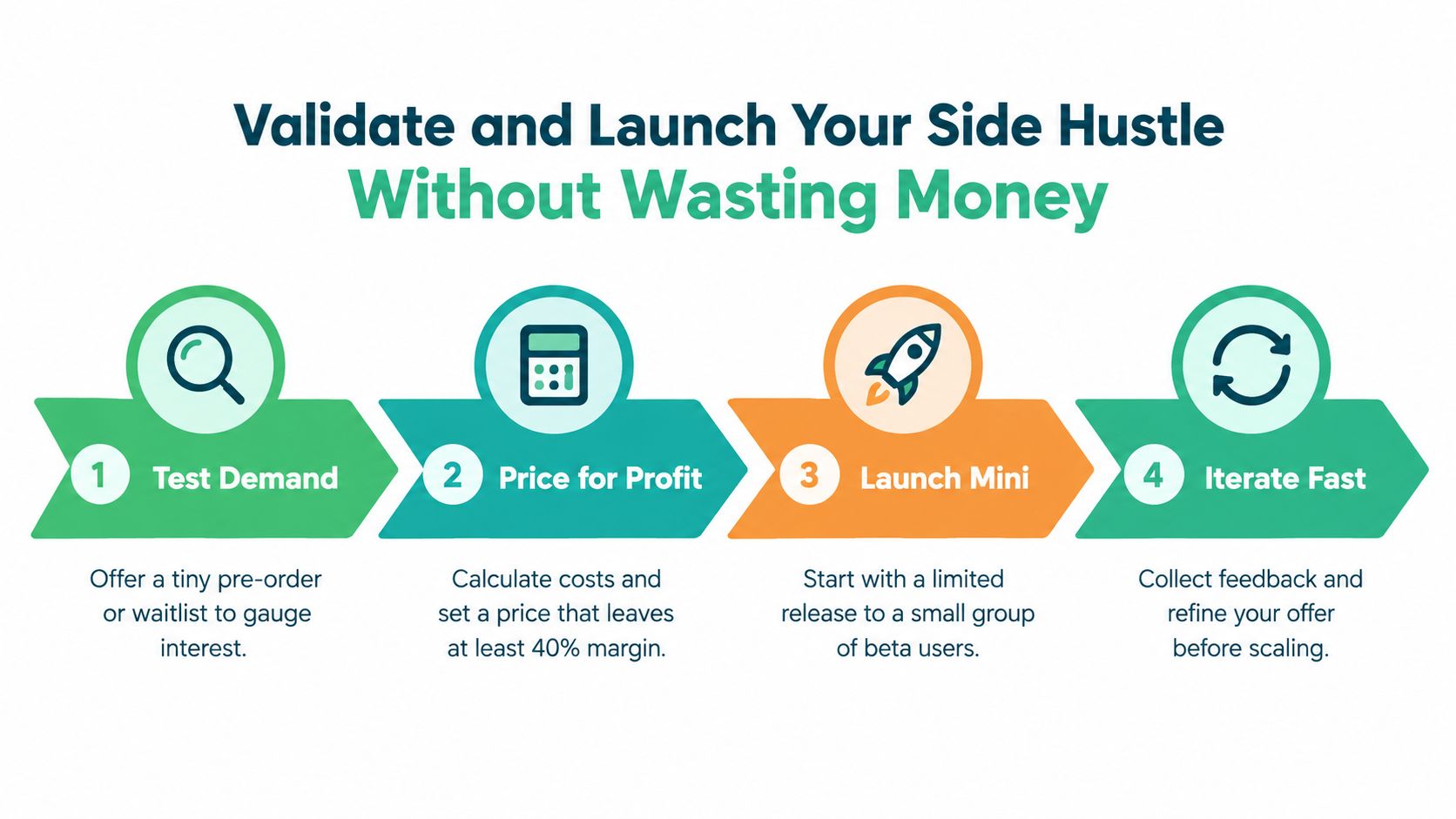 A four-step infographic illustrating a process to validate and launch a side hustle without wasting money.