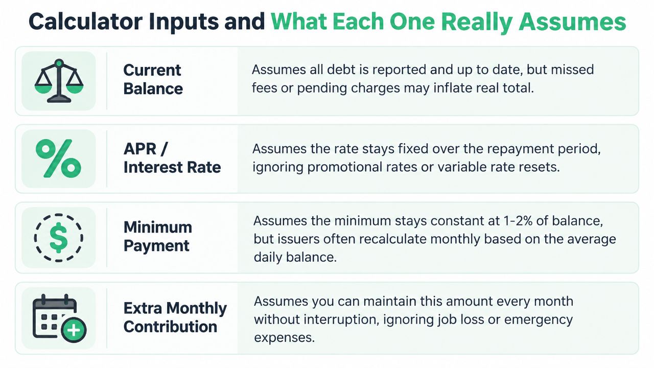 A chart showing key financial inputs for a debt repayment calculator and their hidden assumptions.