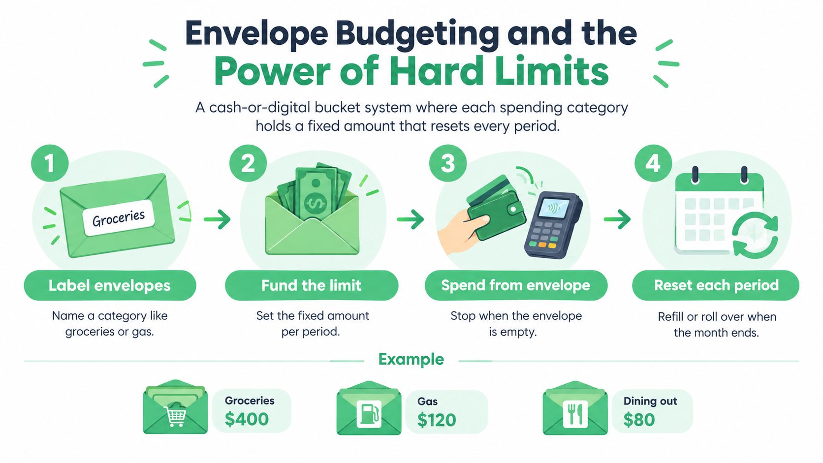 An infographic illustrating the four steps of the envelope budgeting system for personal financial management.