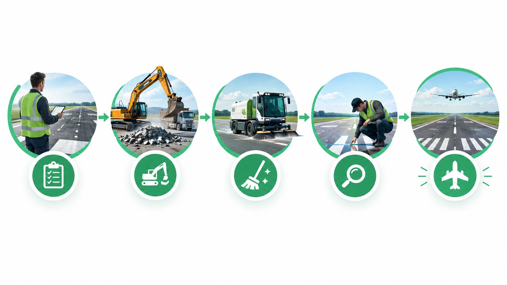 A five-step process illustration showing runway construction, sweeping, inspection, and aircraft taking off from an airport.