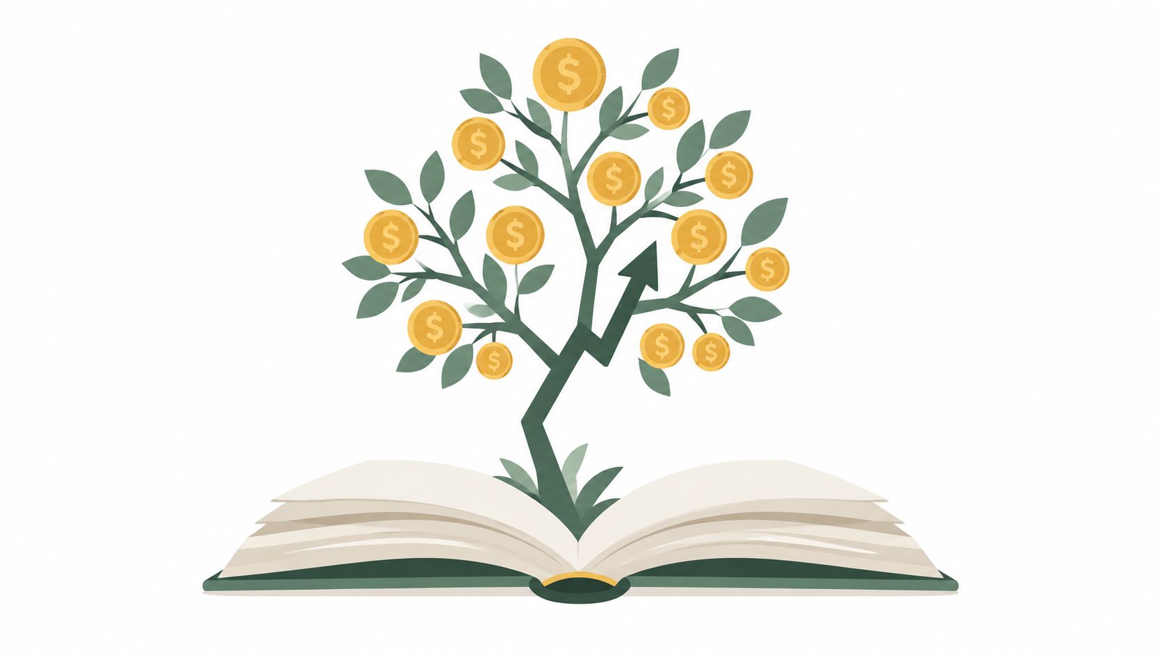 An illustration of a tree growing out of an open book with gold coins for leaves.