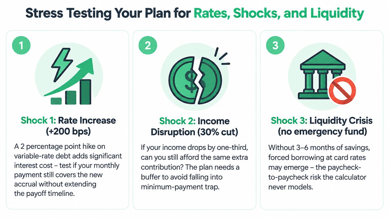 A graphic titled Stress Testing Your Plan showing three scenarios for financial debt and income challenges.