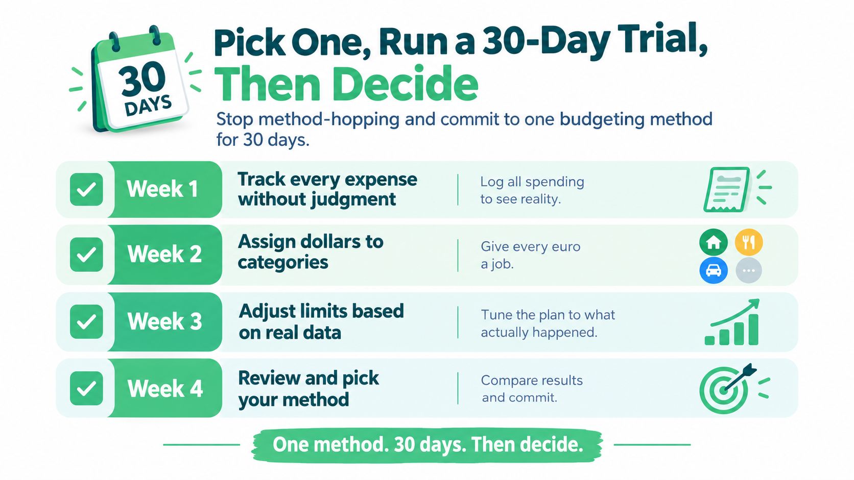 A 30-day trial plan graphic illustrating four weekly steps to effectively establish and commit to budgeting methods.