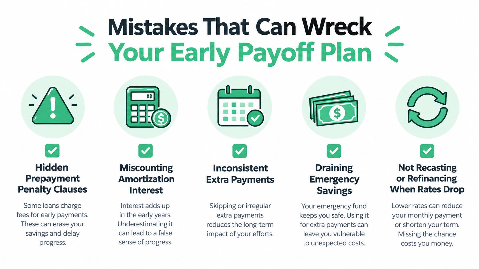 An infographic showing five common financial mistakes that hinder an early debt or mortgage payoff plan.