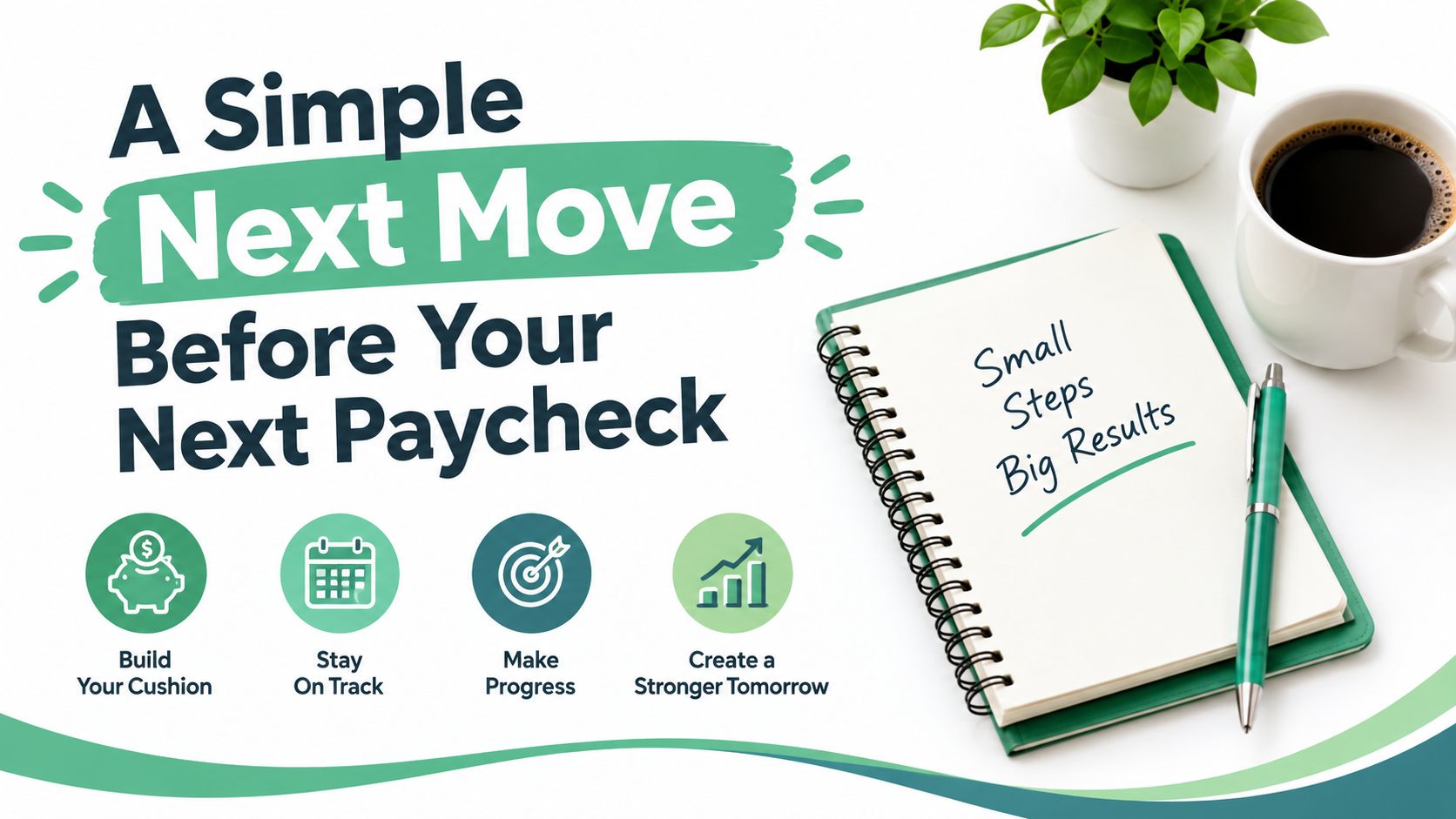 A financial planning graphic with text about building a cushion and small steps for big results.