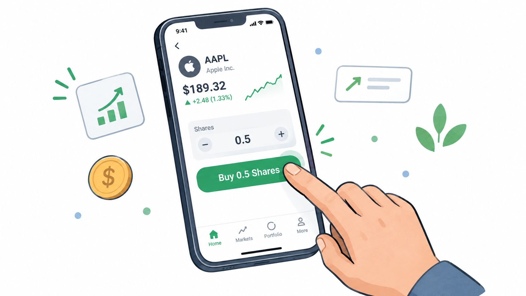 A smartphone app displaying Apple stock trading with a finger pressing the button to buy shares.