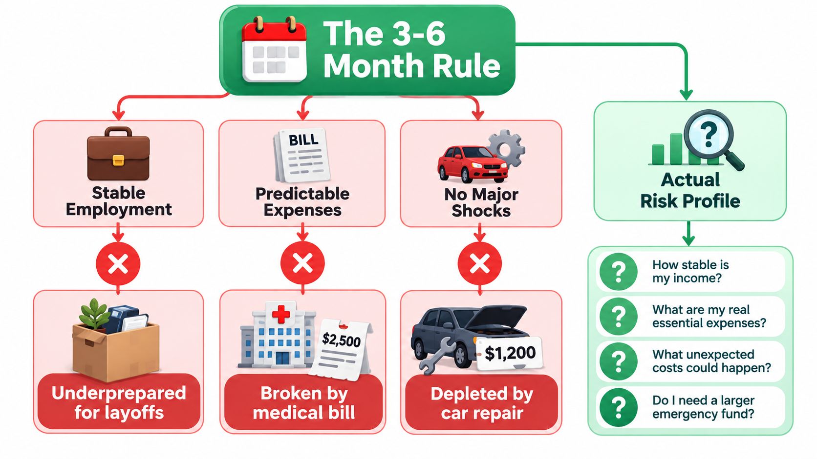 A flowchart explaining the 3-6 month rule for emergency fund planning based on life risks and expenses.