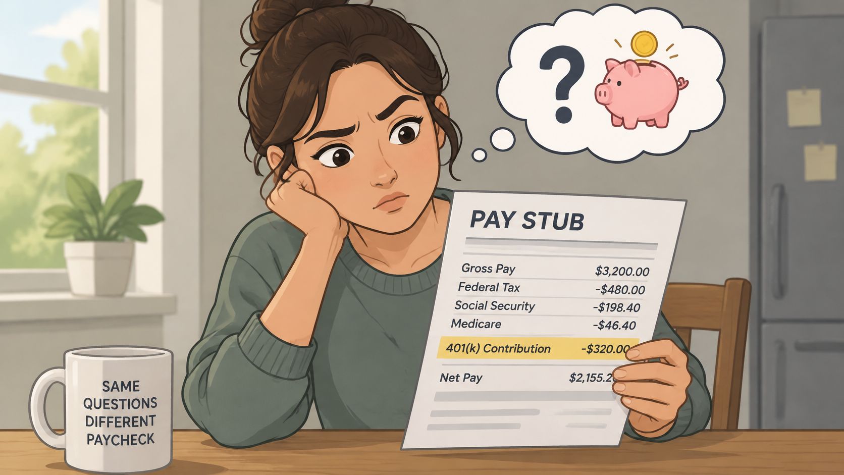 A young woman looking confused at her pay stub while thinking about saving money for retirement.