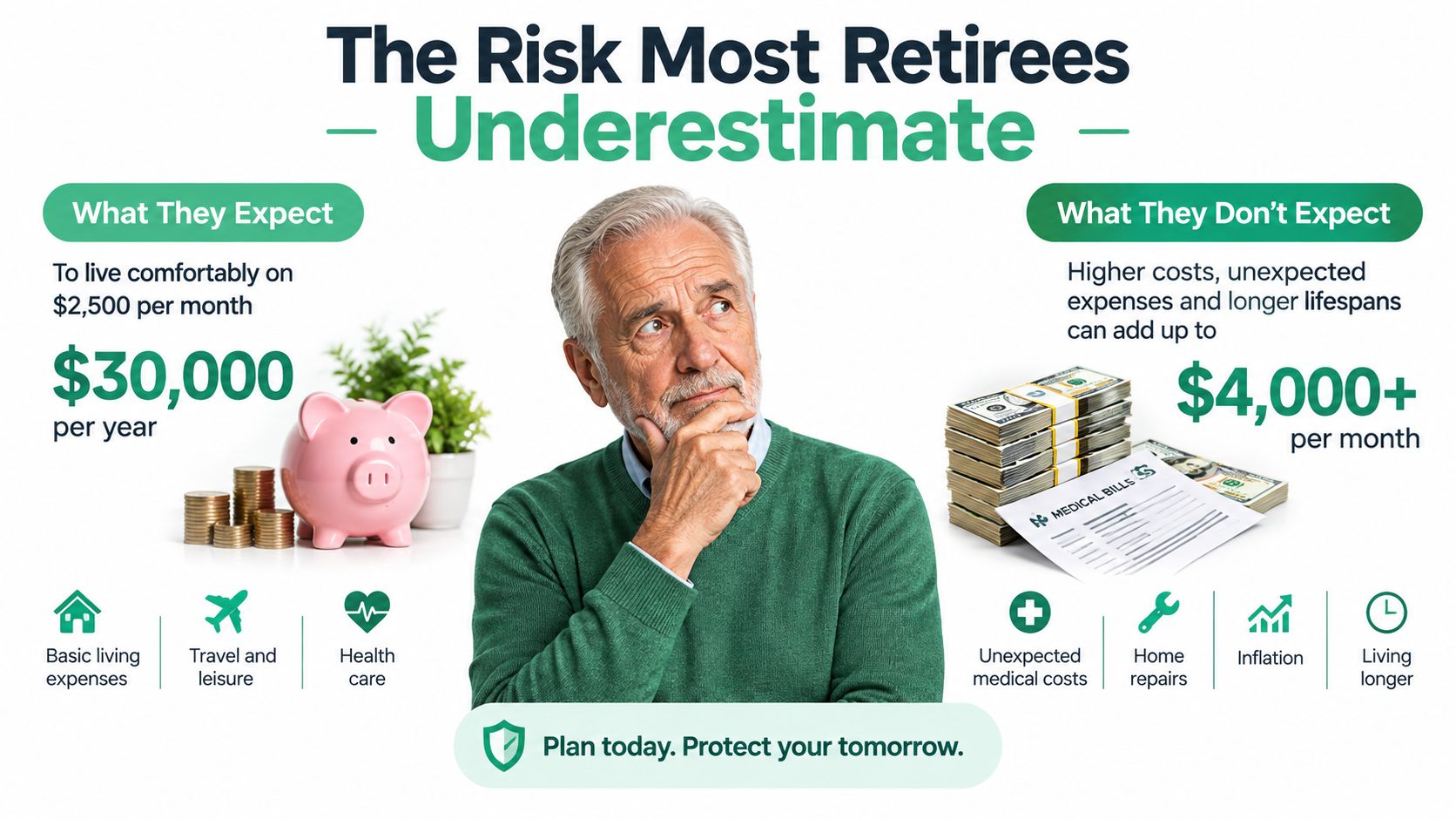 A concerned senior man ponders retirement financial planning, comparing expected versus actual monthly retirement living expenses.