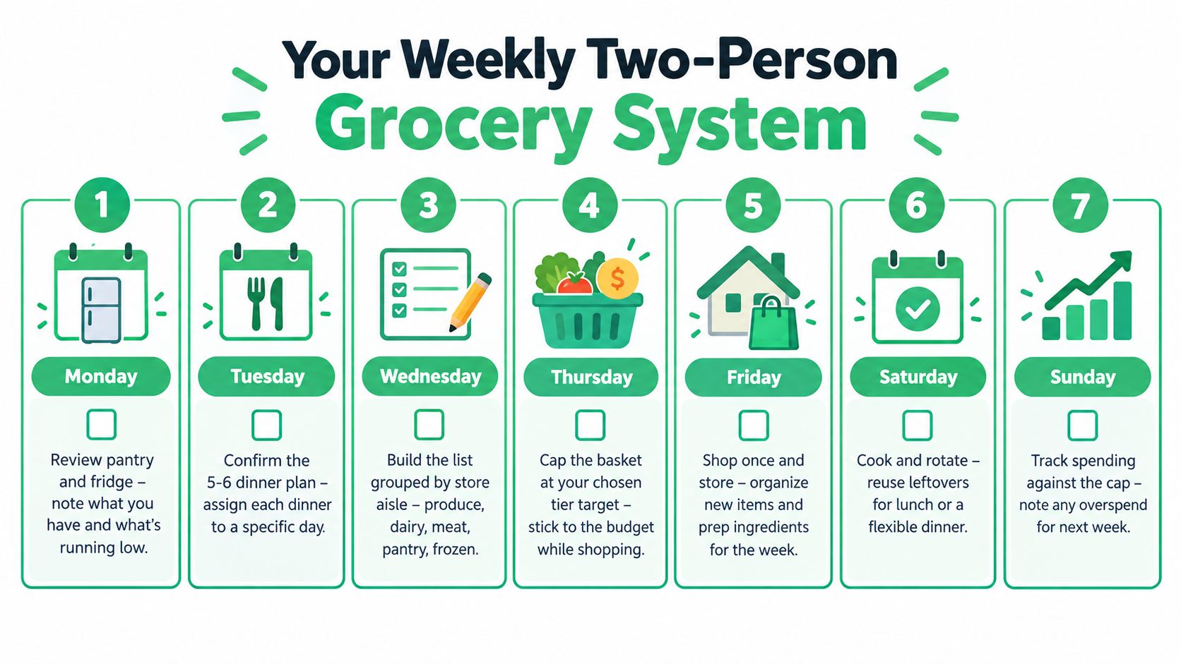 A weekly infographic guide for two people showing steps for grocery shopping and meal planning success.