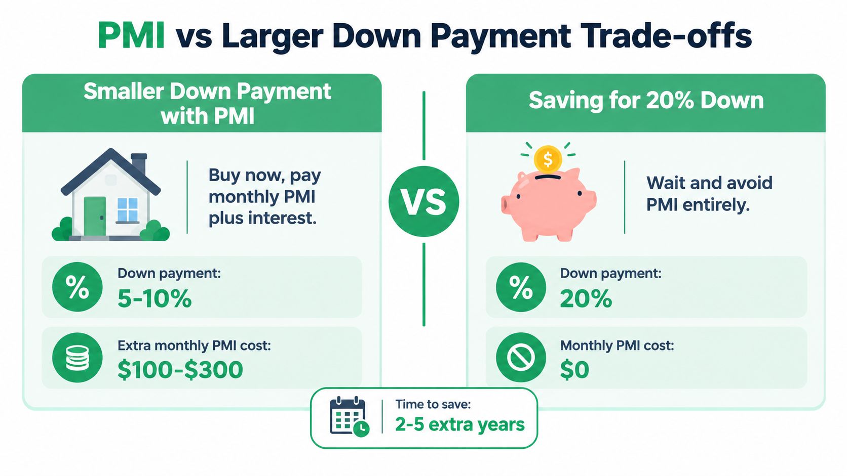 A comparison chart showing the trade-offs between paying PMI with a smaller down payment versus saving for a 20% down payment.