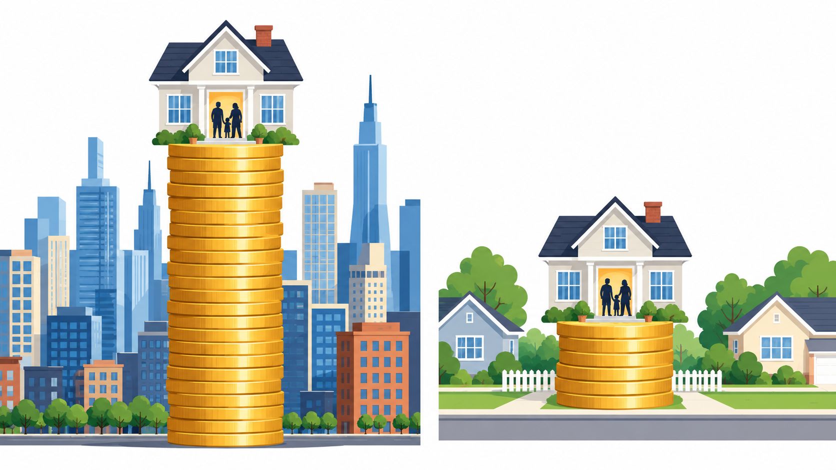 A house on a high stack of gold coins in a city versus a lower stack in suburbs.