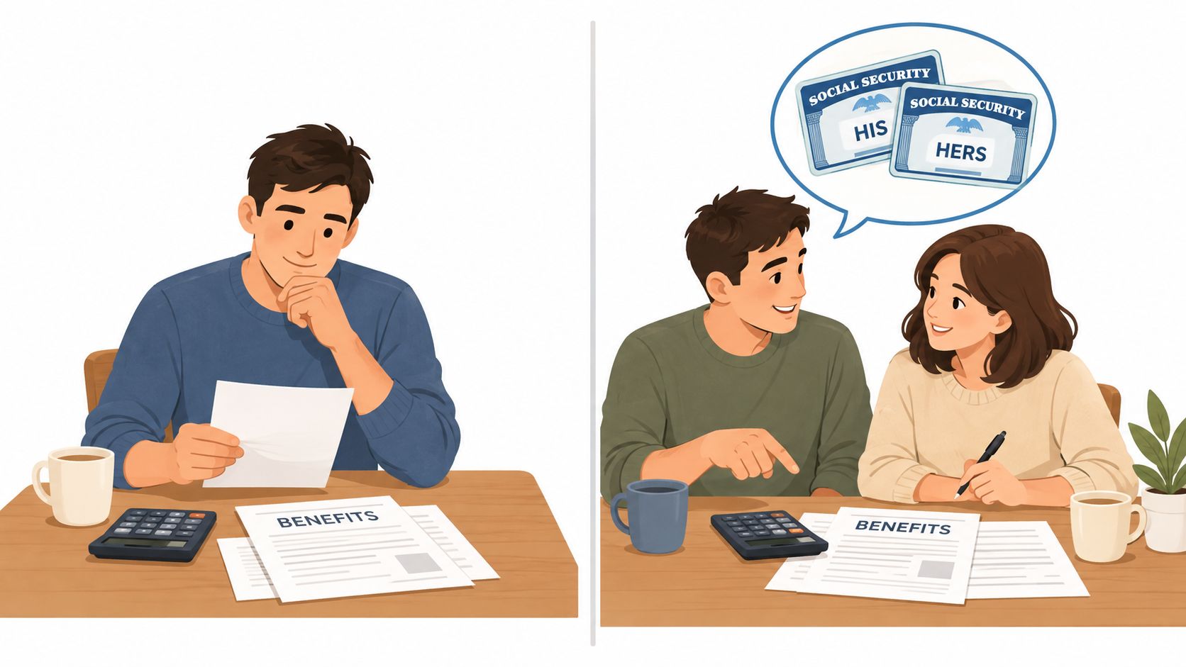 A man reviewing benefits alone versus a couple discussing their social security benefits together at a table.