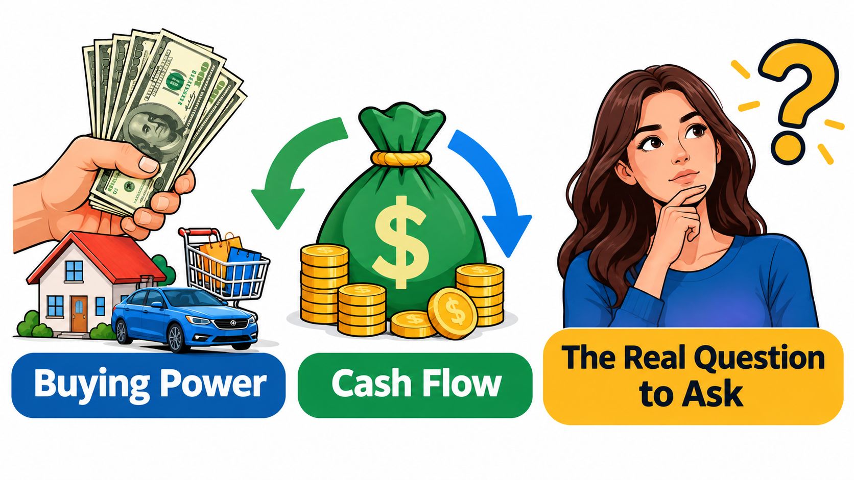 A conceptual graphic illustrating buying power, cash flow, and financial decision-making for personal home affordability.
