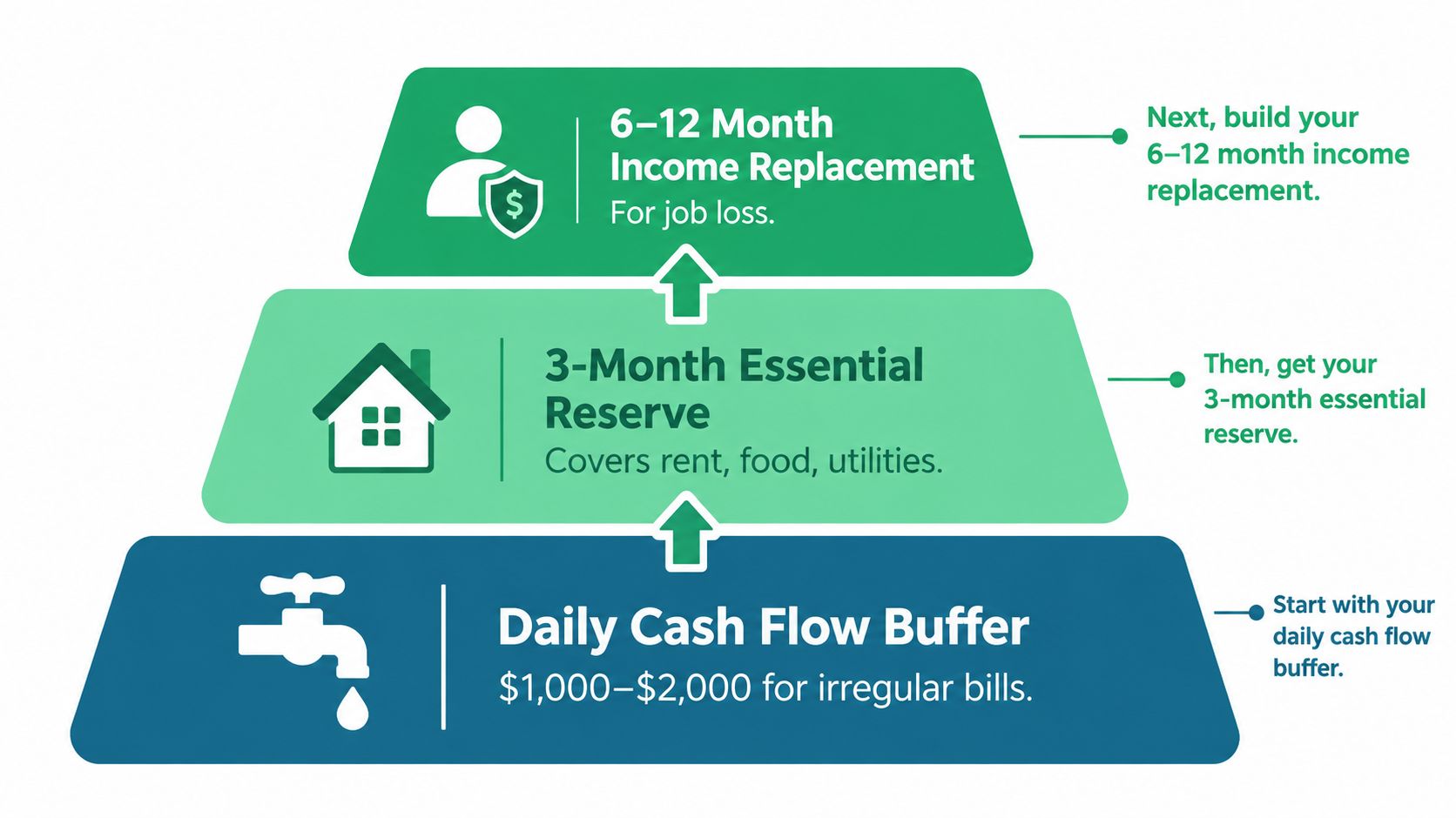 A pyramid chart illustrating the three recommended levels for building a personal emergency savings fund.